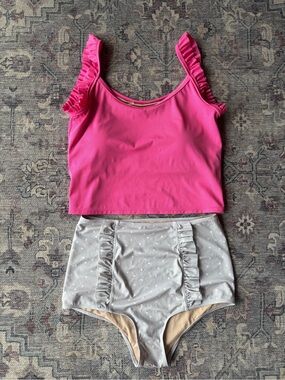 Kortni Jeane Ruffle Pink Crop Swim Top with High Waist Ruffle Bikini Bottom